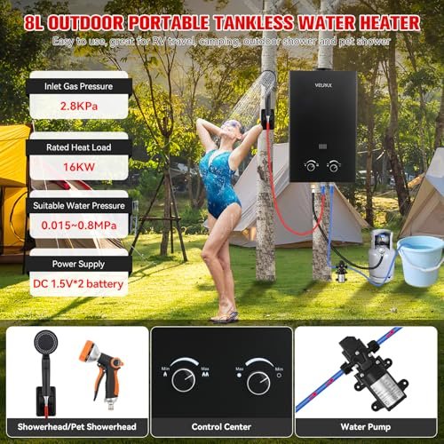 Tankless Water Heater Propane,2.11GPM 8L Outdoor Portable Water Heater,with 2 GPM Water Pump, with Digital Display Multi-Protection for Camping Trips Boat Cabins