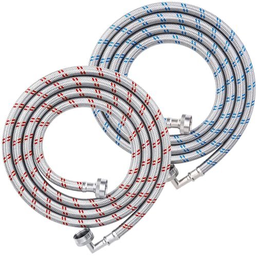 TICONN 4FT Washing Machine Hoses Set, 2 Pack EPDM Core Braided Stainless Steel Burst-Proof Washer Hoses with 90 Degree Elbow, 3/4" FHT Standard Thread (4ft)