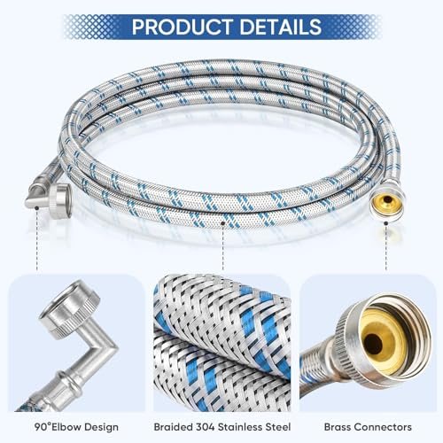 TICONN 4FT Washing Machine Hoses Set, 2 Pack EPDM Core Braided Stainless Steel Burst-Proof Washer Hoses with 90 Degree Elbow, 3/4" FHT Standard Thread (4ft)