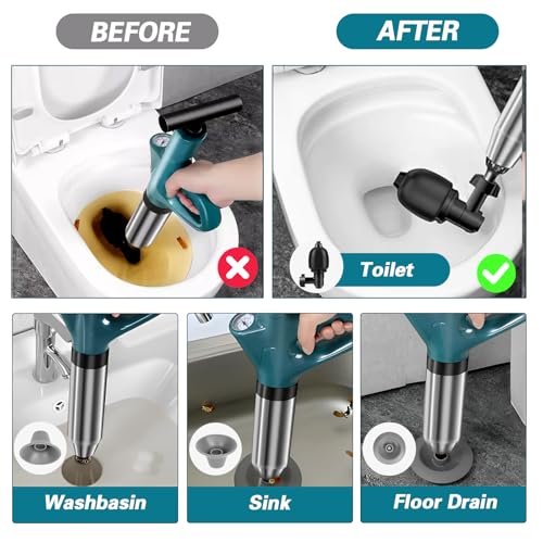 Toilet Plunger Blaster High Pressure Air Plunger Blaster Drain Unclogger for Toilets, Bathroom Floors & Kitchen Sinks, Heavy Duty Power Plunger Clog Remover Declogger Toilet Plumbing Clogs