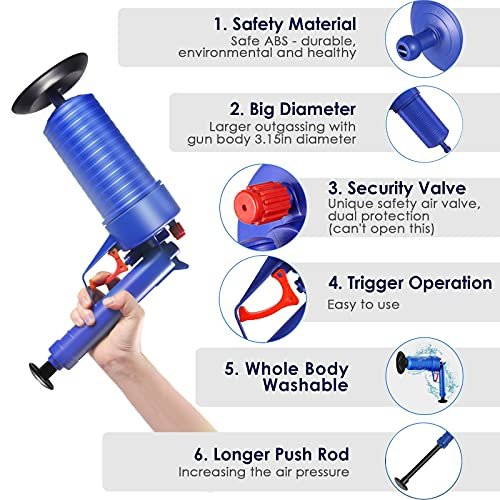 Toilet Plunger High Pressure Air Drain Blaster Gun with Glove, 4 Suckers, Drains Clog Remover, Powerful Drain Unclogger Sink Plunger Plumbing Tools, Plungers for Bathroom Sink Floor Kitchen Clogged