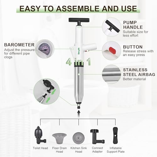 Toilet Plunger, High Pressure Drain Unclogging Tool, Plungers for Bathroom, Floor, Shower, Sink Heavy Duty, Multi-Purpose Air Pump Plunger for Toilet, Toilet Snakes for Hair Clog Remover