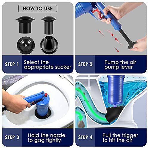 Toilet Plunger, High Pressure Toilet Auger Air Drain Blaster with 4 Suckers, Drain Clog Remover Powerful Drains Unclogger Sink Plunger Plumbing Tools, Plunger for Bathroom Sink Floor Kitchen Clogged