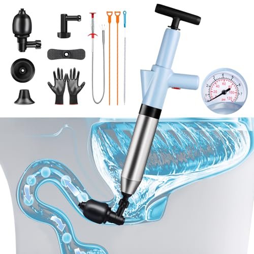 Toilet Plunger, High Pressure Toilet Plunger Toilet Auger Air with Real-Time Barometer for Bathroom, Sinks, Kitchen, Heavy Duty Drain Unclogger - Powerful Toilet Snake Drain Clog Remover Tool
