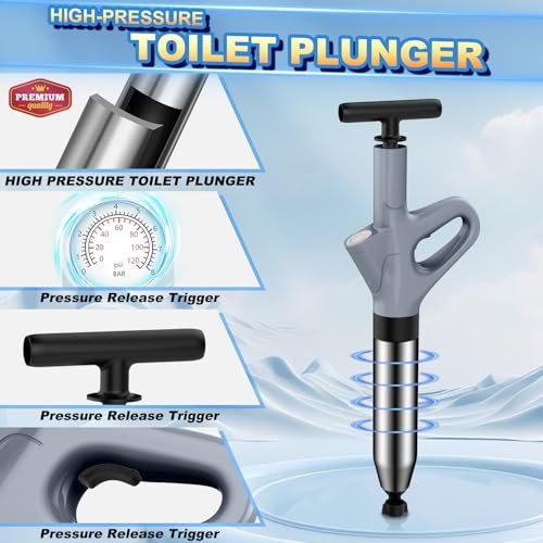 Toilet Plunger, High Pressure Toilet Plunger,Toilet Auger Air Drain Blaster with Real-Time, Heavy Duty Plunger for Bathroom and Plumbing Clogs (Grey)