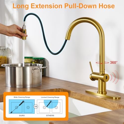 Touchless Kitchen Faucet with Pull-Down Sprayer, Single Handle Smart Motion Sensor Hands-Free Kitchen Sink Faucet, 1 or 3 Hole Design for Modern Farmhouse Kitchens