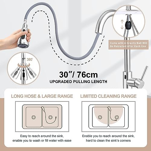 Touchless Kitchen Sink Faucet with Pull Down Sprayer, Herogo Brushed Nickel Stainless Steel Smart Activated Kitchen Faucet with Soap Dispenser, Single Handle Motion Sensor Tap for Farmhouse RV Sink