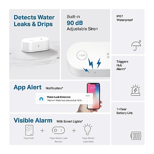 TP-Link Tapo Smart Water Leak Detector, Requires Tapo Hub, Water Leak Sensor Wi-Fi with Rapid Dripping Detection, 90dB Adjustable Alarm, App Alerts, Compatible with Alexa and Google Home, T300