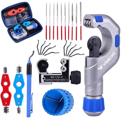 Tube Cutter Set 8 in 1, Heavy Duty Pipe Cutter 1/8''-2'', Mini Pipe Cutter 1/8 to 1-1/8”, Deburring Tool with 10 Steel Blades, Tubing Reamer, Copper Pipe Cleaner Brush for HVAC, Plumbing
