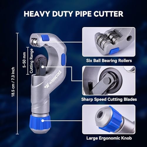 Tube Cutter Set 8 in 1, Heavy Duty Pipe Cutter 1/8''-2'', Mini Pipe Cutter 1/8 to 1-1/8”, Deburring Tool with 10 Steel Blades, Tubing Reamer, Copper Pipe Cleaner Brush for HVAC, Plumbing