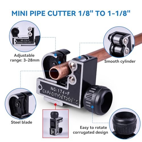Tube Cutter Set 8 in 1, Heavy Duty Pipe Cutter 1/8''-2'', Mini Pipe Cutter 1/8 to 1-1/8”, Deburring Tool with 10 Steel Blades, Tubing Reamer, Copper Pipe Cleaner Brush for HVAC, Plumbing