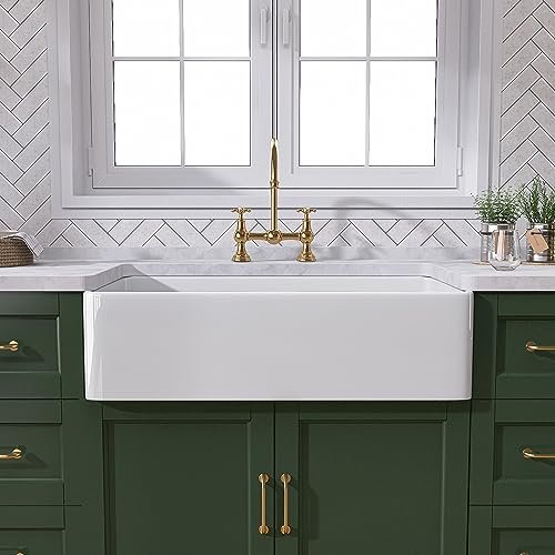 TUKTUK White Farmhouse Sink 30 inch Farm Sink Fireclay Apron Front Single Bowl Kitchen Sinks Deep Drop In Undermount Reversible Heavy Duty Easy-to-Clean Kitchen Basin with Luxury Modern Accessory Kit