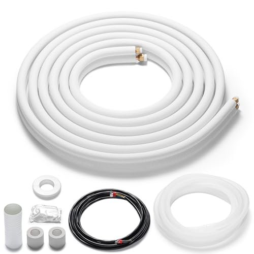 TURBRO 16 Ft. Mini Split Line Set, 1/4" & 3/8" O.D. Copper Pipes Tubing, Thickened PE Insulated Coil Copper Line for Mini Split or Heat Pump Air conditioner and HVAC with Fittings