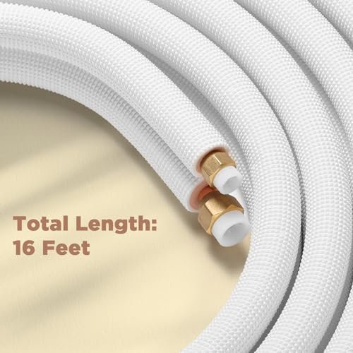 TURBRO 16 Ft. Mini Split Line Set, 1/4" & 3/8" O.D. Copper Pipes Tubing, Thickened PE Insulated Coil Copper Line for Mini Split or Heat Pump Air conditioner and HVAC with Fittings
