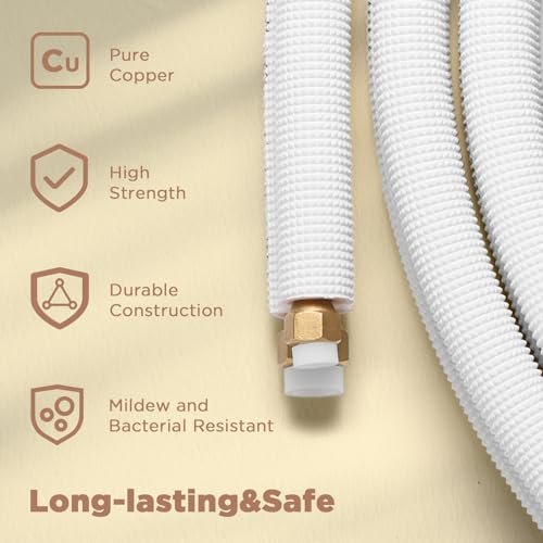 TURBRO 16 Ft. Mini Split Line Set, 1/4" & 3/8" O.D. Copper Pipes Tubing, Thickened PE Insulated Coil Copper Line for Mini Split or Heat Pump Air conditioner and HVAC with Fittings