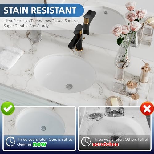 Undermount Bathroom Sink Oval, Hugsleek Interior Bowl Size 16 x 13 inch White Porcelain Ceramic Vessel Sink Under Counter Oval Exterior size 18x15in Bath Sink Bowl Basin Lavatory Vanity Fireclay