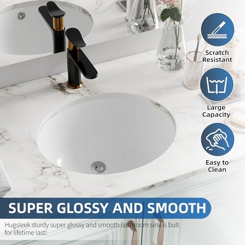 Undermount Bathroom Sink Oval, Hugsleek Interior Bowl Size 16 x 13 inch White Porcelain Ceramic Vessel Sink Under Counter Oval Exterior size 18x15in Bath Sink Bowl Basin Lavatory Vanity Fireclay