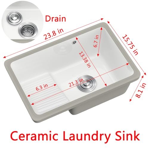 Undermount Bathroom Sink Rectangular 23.8 x 15.75 inch Porcelain Ceramic Vessel Sink with Washboard Under Counter Lavatory Vanity Basin with Overflow, White