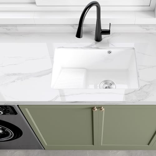 Undermount Bathroom Sink Rectangular 23.8 x 15.75 inch Porcelain Ceramic Vessel Sink with Washboard Under Counter Lavatory Vanity Basin with Overflow, White