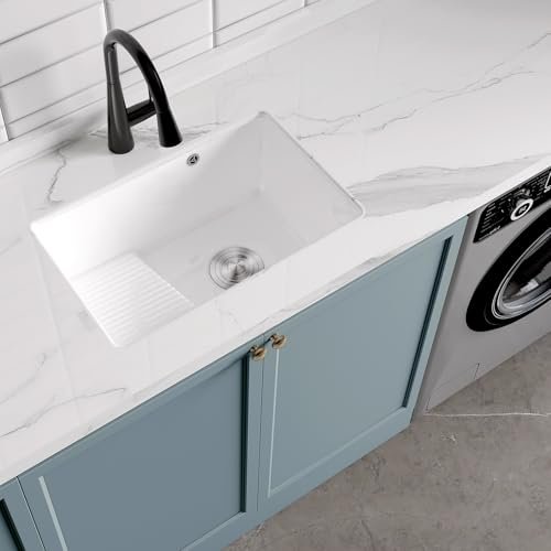 Undermount Bathroom Sink Rectangular 23.8 x 15.75 inch Porcelain Ceramic Vessel Sink with Washboard Under Counter Lavatory Vanity Basin with Overflow, White