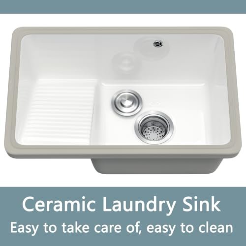 Undermount Bathroom Sink Rectangular 23.8 x 15.75 inch Porcelain Ceramic Vessel Sink with Washboard Under Counter Lavatory Vanity Basin with Overflow, White