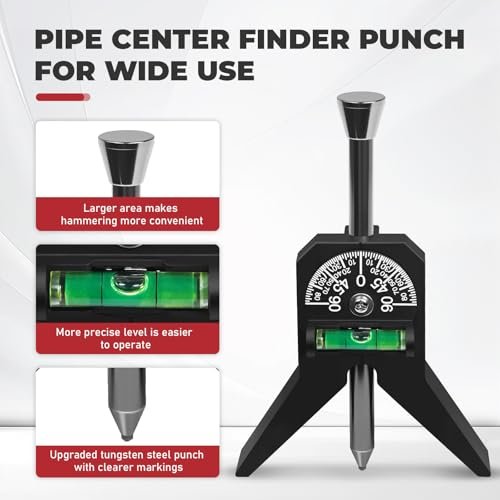 Upgraded Pipe Center Finder, Measure Pipe Diameter, Pipefitter Tools With Centering Head, Measure Pipe Diameter Over 0.5" & up With 4" Y-Type Base and Adjustable Dial Bubble Protractor (Black)