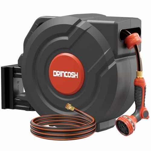 Upgraded Retractable Garden Hose 5/8 in x 90 ft Heavy Duty Wall-Mounted Hose Reel 180°Swivel Automatic Slow Return Any Length Lock 9 Pattern Nozzle UV Resistant (Black)