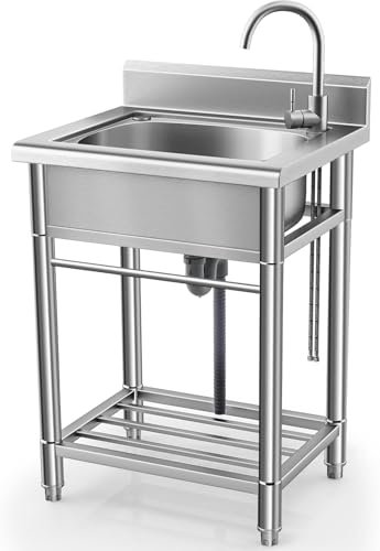 Utility Sink Free Standing Single Bowl Kitchen Sink with Cold and Hot Water Pipe Stainless Steel Sink for Laundry Room Bathroom Farmhouse