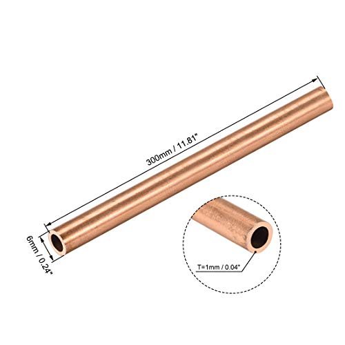 uxcell Copper Round Tube, 6mm OD 1mm Wall Thickness 300mm Long Straight Pipe Tubing 2 Pcs
