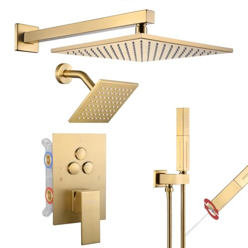 VANFOXLE Shower Faucet Set Brushed Gold Shower System,Push Button Diverter Shower Faucet with 2 in 1 Handheld, Wall Mount Increased Thickness 10 Inch Shower Head with 6 Inch Shower Head