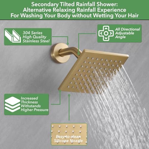 VANFOXLE Shower Faucet Set Brushed Gold Shower System,Push Button Diverter Shower Faucet with 2 in 1 Handheld, Wall Mount Increased Thickness 10 Inch Shower Head with 6 Inch Shower Head
