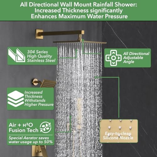 VANFOXLE Shower Faucet Set Brushed Gold Shower System,Push Button Diverter Shower Faucet with 2 in 1 Handheld, Wall Mount Increased Thickness 10 Inch Shower Head with 6 Inch Shower Head