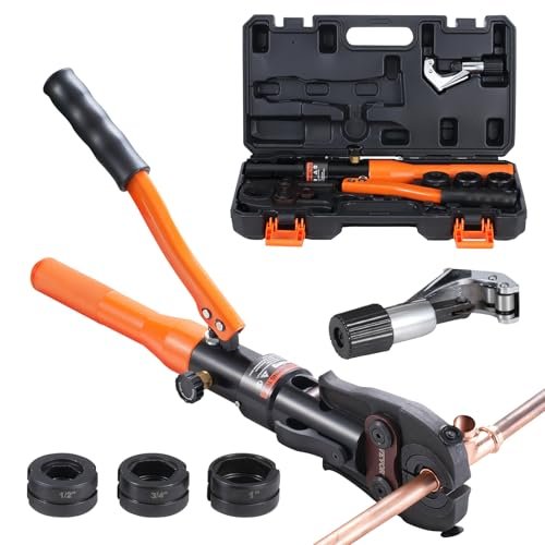 VEVOR Copper Pipe Crimping Tool, Hydraulic Driven Press Tool with 1/2", 3/4", 1" Jaws, Copper Tube Fittings Pipe Crimpers for Narrow Spaces and Tee Fittings