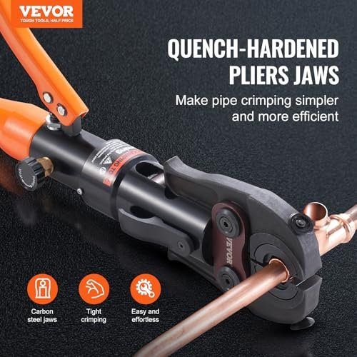 VEVOR Copper Pipe Crimping Tool, Hydraulic Driven Press Tool with 1/2", 3/4", 1" Jaws, Copper Tube Fittings Pipe Crimpers for Narrow Spaces and Tee Fittings