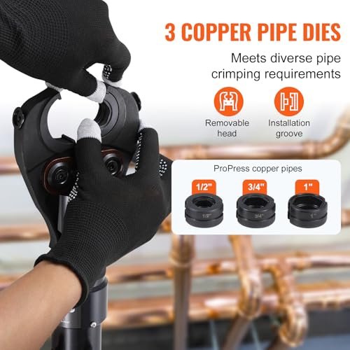VEVOR Copper Pipe Crimping Tool, Hydraulic Driven Press Tool with 1/2", 3/4", 1" Jaws, Copper Tube Fittings Pipe Crimpers for Narrow Spaces and Tee Fittings