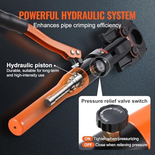 VEVOR Copper Pipe Crimping Tool, Hydraulic Driven Press Tool with 1/2", 3/4", 1" Jaws, Copper Tube Fittings Pipe Crimpers for Narrow Spaces and Tee Fittings