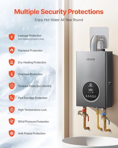 VEVOR Propane Tankless Water Heater, 4.3Gal Indoor 100000 BTU Instant Hot Water Heater, Smart Temperature Control & Clear LED Display & Multiple Security Protections for Whole House, Silver Gray