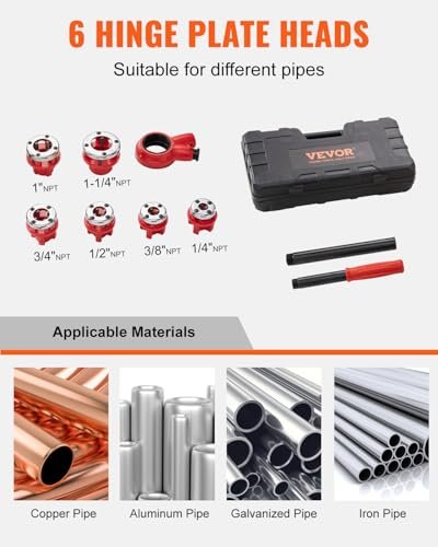 VEVOR Ratchet Pipe Threader Kit with 6 Dies, 1/4" NPT to 1-1/4" NPT Ratcheting Pipe Threading Tool, Portable Pipe Threader Set with Storage Case for Plumbing Installation and Repair