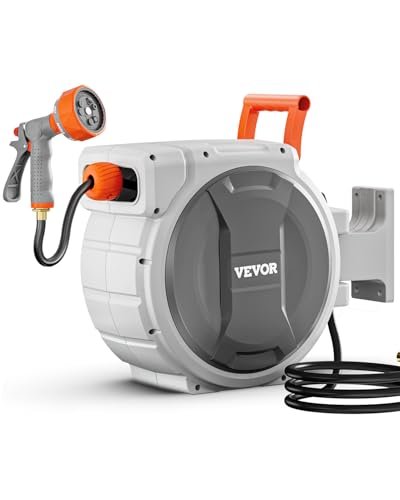 VEVOR Retractable Garden Hose Reel, 1/2 Inch x 65 ft Wall Mounted, Heavy Duty Garden Hose Reel with 9 Patterns Nozzle, Any Length Lock, Upgraded Slow Return System and 180°Swivel Bracket