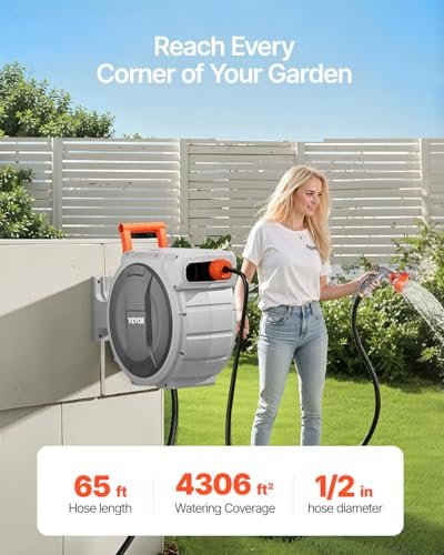 VEVOR Retractable Garden Hose Reel, 1/2 Inch x 65 ft Wall Mounted, Heavy Duty Garden Hose Reel with 9 Patterns Nozzle, Any Length Lock, Upgraded Slow Return System and 180°Swivel Bracket
