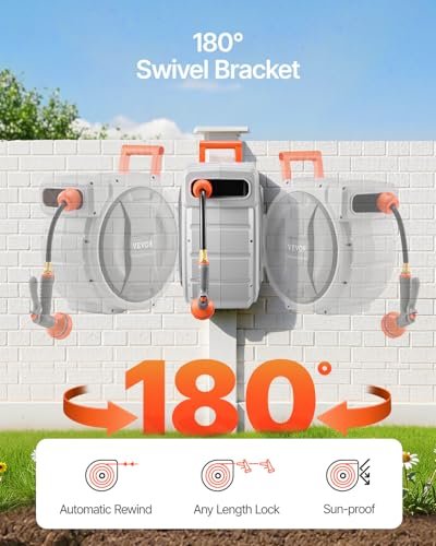 VEVOR Retractable Garden Hose Reel, 1/2 Inch x 65 ft Wall Mounted, Heavy Duty Garden Hose Reel with 9 Patterns Nozzle, Any Length Lock, Upgraded Slow Return System and 180°Swivel Bracket