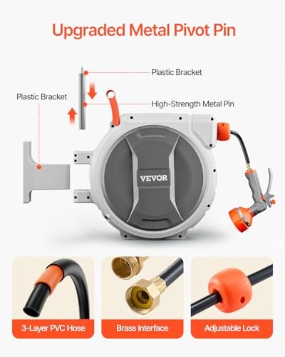 VEVOR Retractable Garden Hose Reel, 1/2 Inch x 65 ft Wall Mounted, Heavy Duty Garden Hose Reel with 9 Patterns Nozzle, Any Length Lock, Upgraded Slow Return System and 180°Swivel Bracket