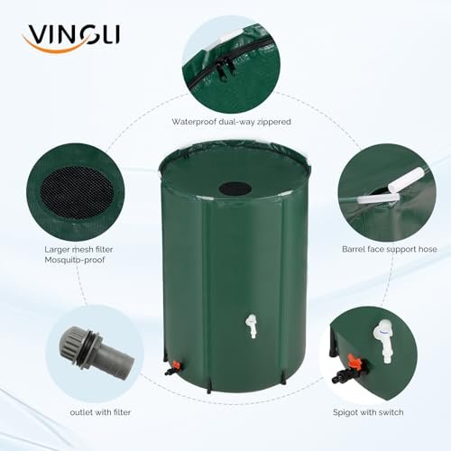 VINGLI 100 Gallon Collapsible Rain Barrel, Portable Water Storage Tank, Rainwater Collection System Downspout, Water Catcher Container with Filter Spigot Overflow Kit
