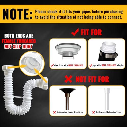 VIVIDA 1-1/2" Sink Drain Pipe Kit, Flexible Drain Pipe P Trap, 7.5"-17.7" Flexible P Trap, Under Sink Plumbing for Bathroom & Kitchen, 1-1/4" Adapter Included, 1 PACK