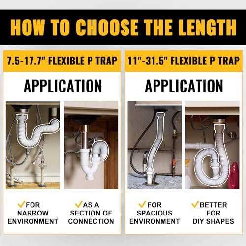 VIVIDA 1-1/2" Sink Drain Pipe Kit, Flexible Drain Pipe P Trap, 7.5"-17.7" Flexible P Trap, Under Sink Plumbing for Bathroom & Kitchen, 1-1/4" Adapter Included, 1 PACK