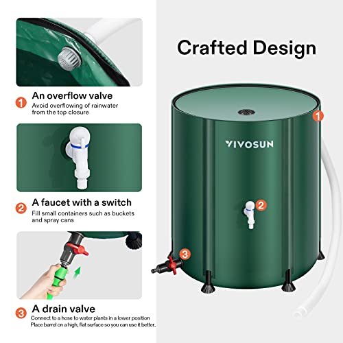 VIVOSUN Collapsible Rain Barrel, 100 Gallon Water Storage Tank with 1000D Oxford Cloth, Portable Rain Collection System Includes Two Spigots and Overflow Kit, Green