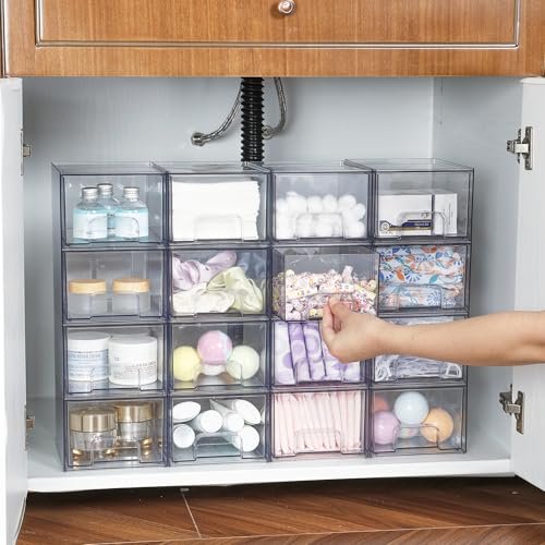 Vtopmart 4 Pack Clear Small Stackable Storage Drawers,Acrylic Bathroom Makeup Organizer,Plastic Storage Bins For Vanity, Undersink, Kitchen Cabinets, Pantry, Home Organization