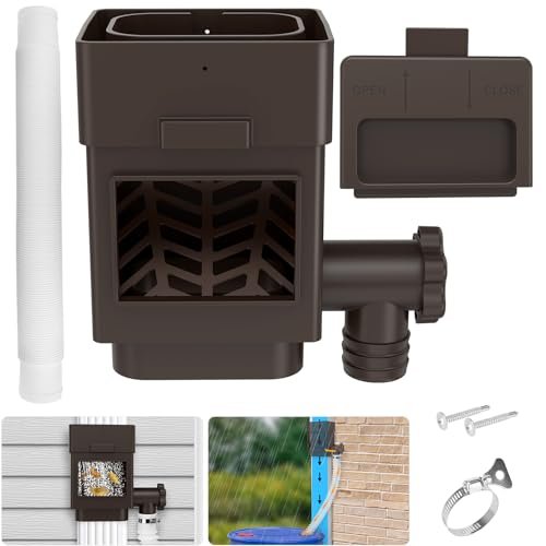 WADEO Rainwater Collection System, Downspout Diverter Fits for 2"x 3" or 3"x 4" Residential Downspouts, Rain Barrel Diverter Kit with Adjustable Valve and Filter, 5FT Hose, Brown