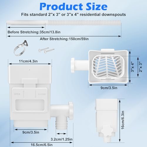 WADEO Rainwater Collection System, Downspout Diverter Fits for 2"x 3" or 3"x 4" Residential Downspouts, Rain Barrel Diverter Kit with Adjustable Valve and Filter, 5FT Hose, White, 2Pack
