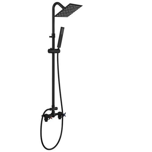 Wall Mounted Outdoor Shower System Matte Black 6" Square Rainfall Shower head with Hand Held Spray Double Cross Handles with Adjustable Slide Bar Two Function Exposed Shower Kit